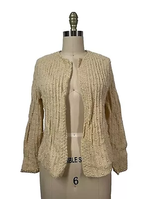 Vtg 50s Rockabilly Pin Up Hand Knit Faux Pearl Beaded Metallic Cardigan Sweater • $54.99