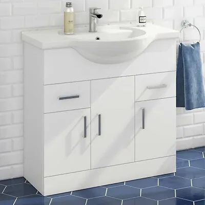 Bathroom 850mm Vanity Unit Ceramic Basin Sink Storage Gloss White Doors • £229.99