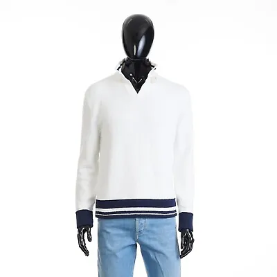 LORO PIANA 1550$ White Cotton Sweater - Mock Neck Buttons • $950