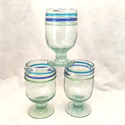 Set 3 Mexican Hand Blown Recycled Wine Goblet Glasses Mexico Green Cobalt Blue • $27