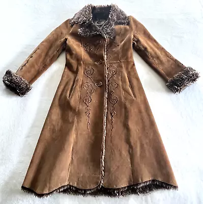 Vintage GUESS Genuine Leather Suede Embroidered Faux Fur Coat Small • $67.50