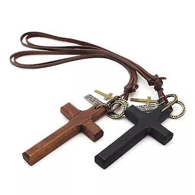 Vintage Wooden Cross Pendant Leather Rope Necklace Adjustable For Men Women • $9