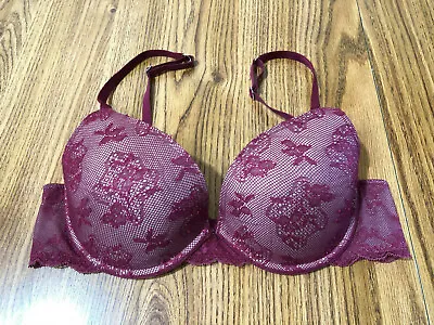 Victoria's Secret Sz 34C Wine Red Lace Biofit Push Up Bra Unlined Full Coverage • $19.99