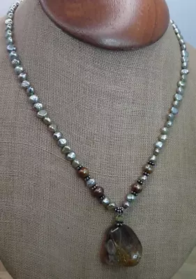 Artisan Made Seafoam Pearl Rutilated Smokey Quartz Sterling Silver Necklace 16  • $27.99