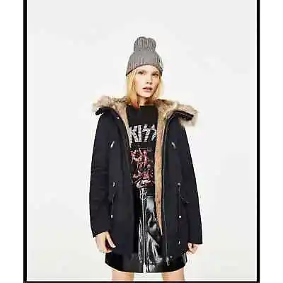 $56 • Buy Zara Trafaluc Mid Length Faux Fur Winter Coat Women’s Size M Navy 