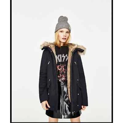$56 • Buy Zara Trafaluc Mid Length Faux Fur Winter Coat Women’s Size M Navy 