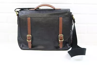 Fossil Field Messenger Bag Cow Hide Leather Black With Brown Accents EUC • $44.99