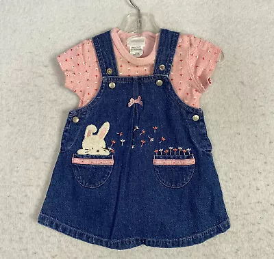 VTG Carters Bunny Overall Jumper Dress 0-3 MO 6-9 Mo 2 PC Pink Embroidered • $24.49