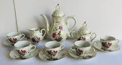 ROSES Flower Floral Design Vintage 13pc Teapot Tea Saucer Set Iridescent Japan • $109.94