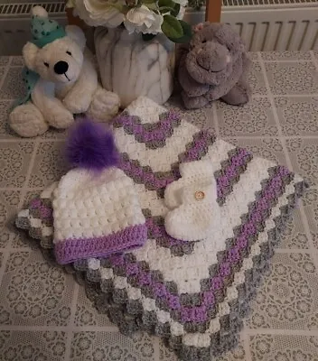 Crochet Baby Set. White Lilac And Silver Cot Crib Car Seat. Prop • £12