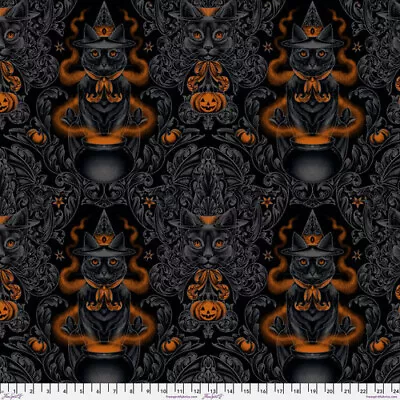 RETRO VINTAGE STORYBOOK HALLOWEEN BLACK CAT DAMASK Cotton Fabric HALF YARD • $6.25