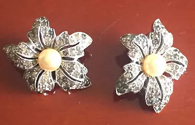 Vintage Jomaz Faux Pearl And Diamond Rhinestones Flower Earrings • $34.99