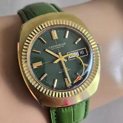Vintage Bulova Caravelle Green Dial Men's Automatic Watch 11UKACB Day/date 1970 • $225