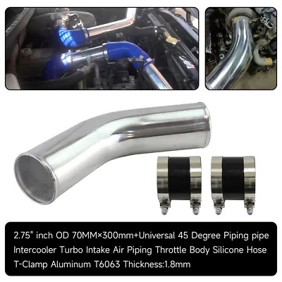 45 Degree 70mm 2.75  Aluminum Turbo Intercooler Pipe+Silicone Hose+Clamps Black • $51.69