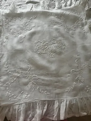 Vtg French Heavy Embroidered Floral Monogram Bow Fine Linen Euro Sized Shams 26  • $175