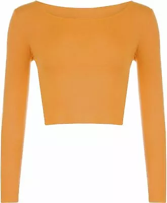 Ladies Round Neck Long Sleeve Crop Top T Shirt Tops Womens Top 8-14 • £5.49