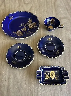 Lindner Handarbeit Echt Cobalt W Germany Jeannette Lot 5 Pcs Ashtray Cup Saucers • $39.99