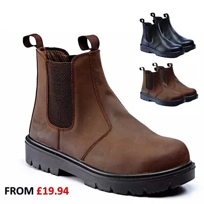 Mens Leather Chelsea Safety Boots Dealer Slip On Steel Toe Cap Work Shoes Size • £25.89