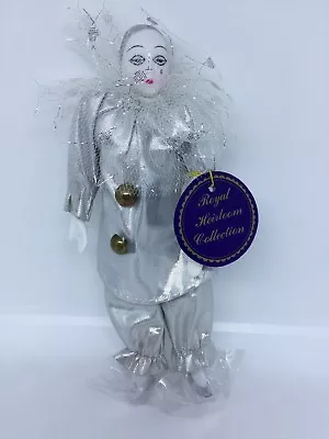 Harlequin Pierrot Jester Clown Mardi Gras Porcelain Doll Grey Silver Gray 7.5” • $9.97