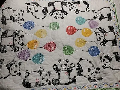 Vintage Handmade Cross Stitched Baby Blanket Crib Quilt PANDAS • $21.99