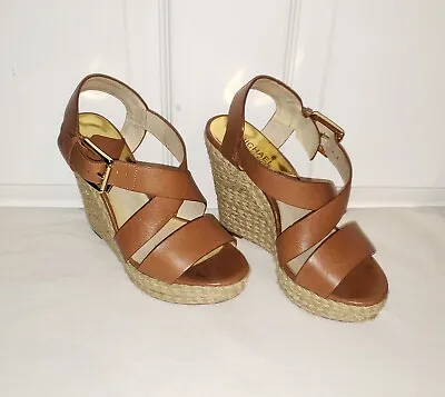 Michael Kors Giovanna Brown Leather Platform Espadrille Wedges Wedge Sandals 6.5 • $69.99