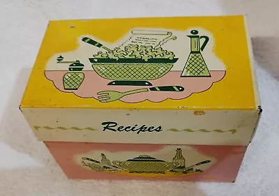 Vintage Ohio Art Co. Tin Metal Recipe Box Card Holder Pink Yellow Green 3x5 • $9.99