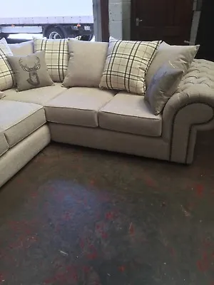 PARIS /NEW YORK BEIGE DEEP. BUTTONED CHESTERFIELD ARM CORNER SOFA Many Colours • £799