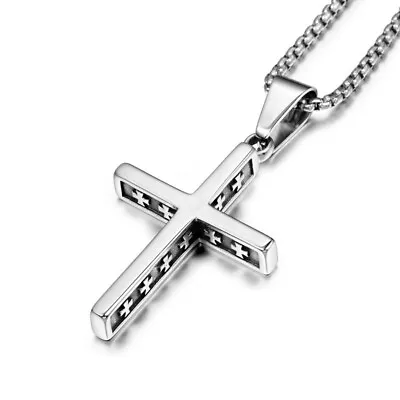 Silver Stainless Steel Black Cross Pendant Mens Women Chain Necklace Crucifix UK • £3.99