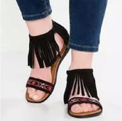 Minnetonka Morocco Fringe Sandals Sz 6 Black Suede Embroidered Zip Back Flats • $20.89