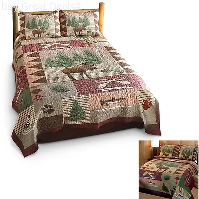 Queen Quilt Set Comforter Rustic Home Moose Bear Log Cabin Lodge Cotton Shams • $64.98