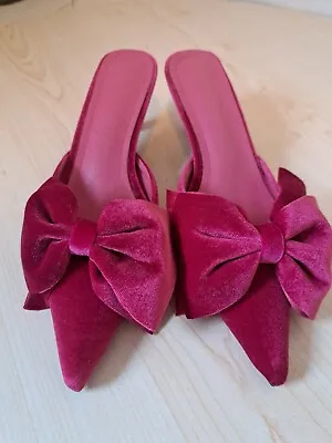 KITTEN HEEL Women Pink Pointed Toe Velvet Mule Bow Shoes Wedding Party Sandal • £36