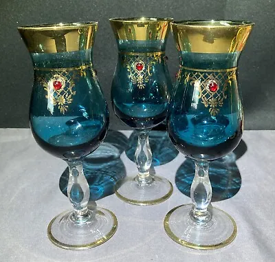 Set Of 3 Murano Aqua/Blue Gold Red Jewels Mid-Century Cordial/Wine Glass Italy • $22.50