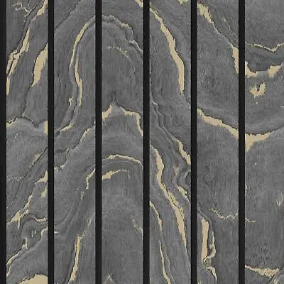 Muriva Woodgrain Panel Wallpaper Marble Effect Slats Metallic Charcoal 193503 • £10.95