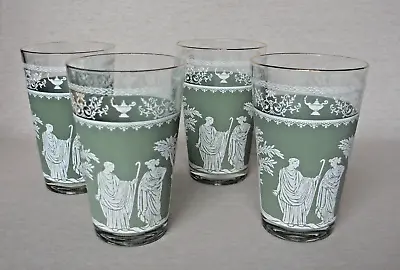 VINTAGE WEDGWOOD JEANNETTE GLASS GREEN GREEK HELLENIC 10 Oz TUMBLERS SET OF 4 • $13.99