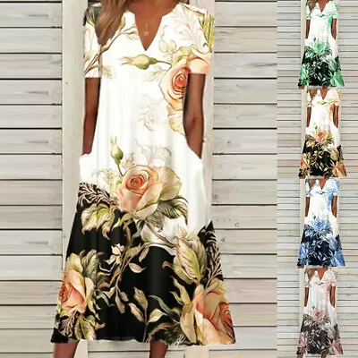 Women Boho Floral Short Sleeve Midi Dress Ladies V-Neck Kaftan Dress Plus Size • $21.89