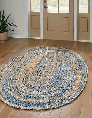 Oval Rug Natural Denim Jute Braided Style  Carpet Handmade Rustic Look Area Rug • $21.59