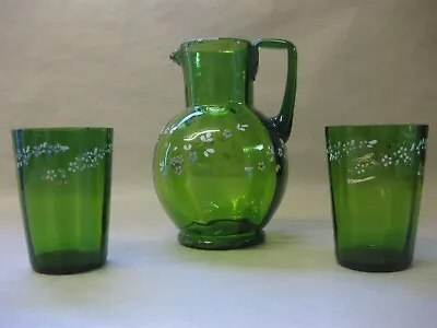 £19.99 • Buy Antique Victorian Hand-Blown Green Glass Jug & Pair Of Beakers ~ Enamelled