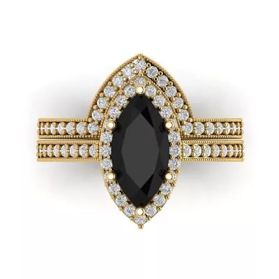 2.16 MQ Round Halo Natural Onyx Wedding Statement Ring Set Solid 14k Yellow Gold • £490.96