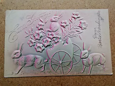 1907 High Embossed Postcard Rabbit Pulling Easter Cart 3 Bunnies • $5