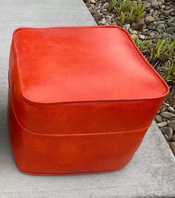 Vintage MCM Orange Square Vinyl Faux Leather Ottoman Foot Stool 1960s Very Nice! • $114.99