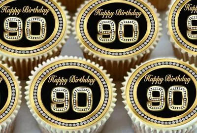 90th Age 90 Birthday Black Edible Cupcake Toppers Premium Decorations 1873 • £2.99