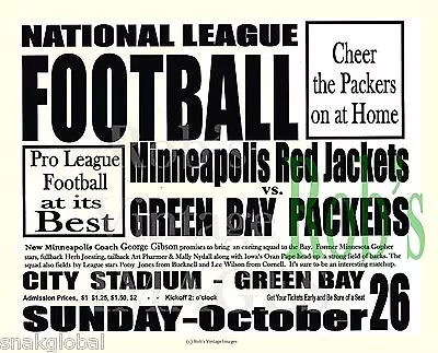 1930 NFL Game Poster Green Bay Packers Minneapolis Red Jackets S • $6.49