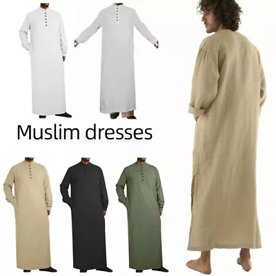 Men Muslim Robe Abaya Islamic Clothes Tunic Dress Long Sleeve Shirts Maxi UK • £14.45