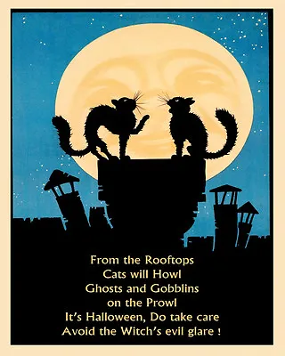 Halloween Moon Black Cats Ghosts Witch USA Vintage Poster Repo FREE S/H In USA • $17.90