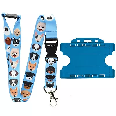 ROLSELEY Lanyard Dog Breeds Pattern With Safety Breakaway + LightBlue Cardholder • £3.99