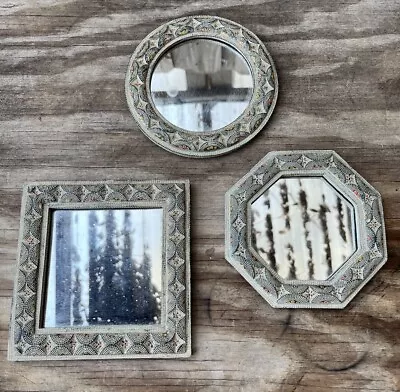 Vintage 3 Small Mirrors Ceramic Moroccan Mosaic Textured Square Octagon Round • $59