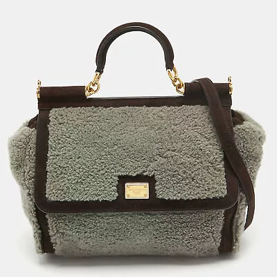 Dolce & Gabbana Brown/Grey Suede And Shearling Large Miss Sicily Top Handle Bag • $315