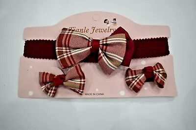 TARTAN CHECK PLAID FABRIC BOW HAIR CLIP And Hairband Set SLIDE GRIP RETRO GIRL • £2.99