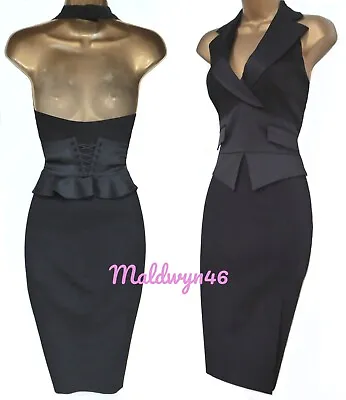 Karen Millen ✩ Classic Black Tuxedo Waistcoat Corset Halter Pencil Dress ✩ Uk 10 • £84.99