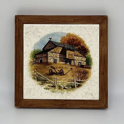 Vintage Wood Framed Tile Trivet Homestead Barn Farmhouse Made In USA • $23.95